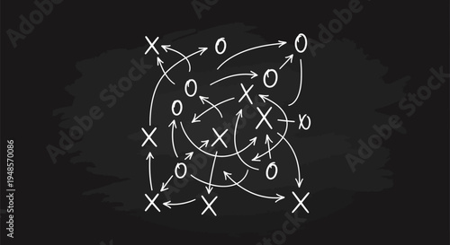 Intricate strategic game plan with X's and O's connected by arrows on a black chalkboard, symbolizing complex business decision-making and problem-solving.