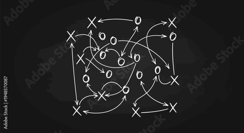 Complex strategic game plan diagram, hand-drawn chalk on blackboard. Interconnected X's, O's, arrows. Symbolizes intricate problem-solving, business strategy, decision-making.