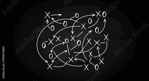 Complex Tic-Tac-Toe game strategy drawn on a blackboard, illustrating intricate planning, decision-making, and problem-solving in a challenging scenario.