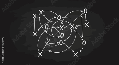 Complex Tic Tac Toe Game Strategy with Arrows Showing Moves and Choices on a Chalkboard