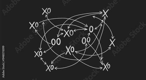 Complex Tic Tac Toe Game Board with Arrows Showing Multiple Moves and Strategies on Dark Background