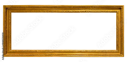 Extra wide panoramic antique gold picture frame with classic ornate border, isolated on white background