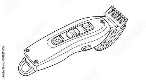Detailed line art illustration of an electric hair clipper used for grooming and barbering showing buttons and adjustable blades on a white backdrop.