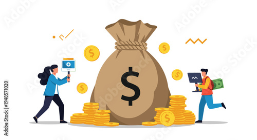 Small people interacting with a giant sack of money and stacks of gold coins symbolizing wealth, investment, financial success, and economic growth.