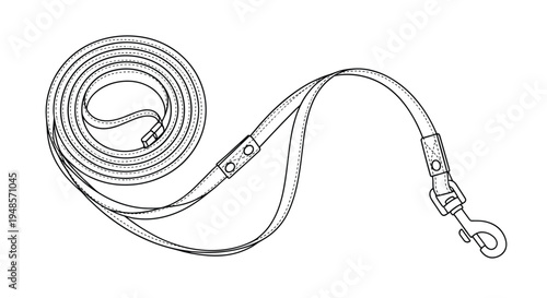 Long coiled pet leash with a metal clasp and handle shown in a clean black and white line art style for pet accessories and animal care themes.