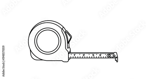 Retractable metal measuring tape shown extended in a classic black and white line art style for construction, carpentry, and home improvement projects.