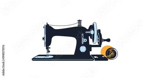 Classic antique sewing machine silhouette with a spool of thread representing traditional tailoring, fashion design, and handmade craftsmanship.