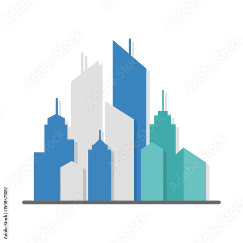Modern minimalist city skyline illustration featuring diverse architectural structures in a flat design style, representing urban development and corporate environments