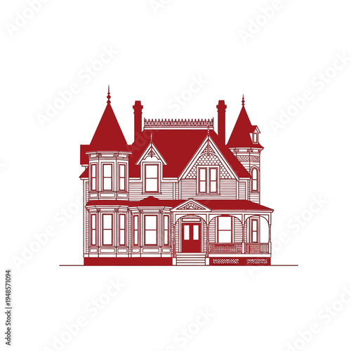 Architectural Drawing of a Victorian House with Detailed Exterior Features and a Classic Red Color Palette