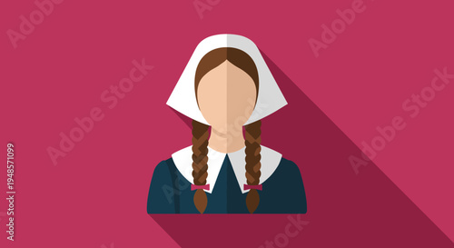 Portrait of a woman in traditional historical attire featuring a white cap and braided hair against a solid maroon background in a flat design.
