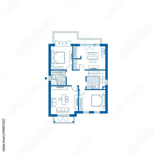 Detailed top-down architectural floor plan illustration showcasing a multi-room residential home layout with furniture placement, ideal for property development and interior design concepts