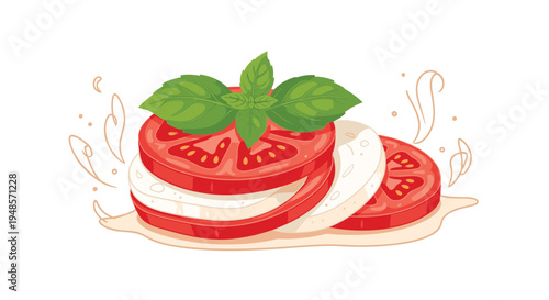Slices of fresh red tomato and white mozzarella cheese layered with green basil leaves and seasoned with oil in a bright and appetizing style.