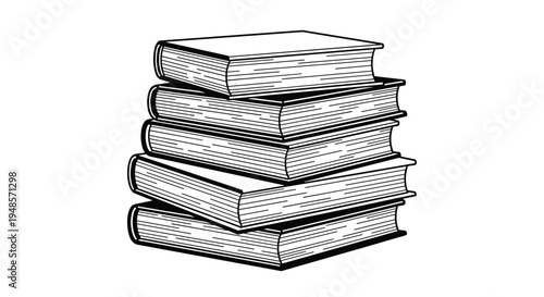 Small stack of five hardcover books piled neatly in a clean black and white line art style representing study, learning, and academic literature.