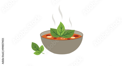 Bowl of hot steaming red tomato or vegetable soup garnished with fresh green basil leaves in a simple and inviting flat illustration style.