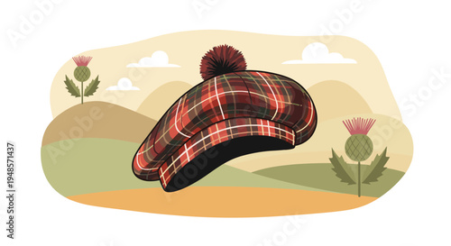 Traditional Scottish tam o shanter bonnet with a red and green tartan pattern and a pompom on top set against a landscape with thistles.