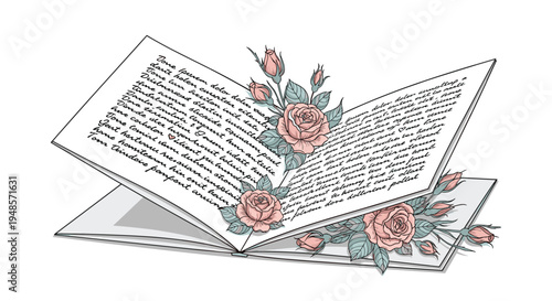 Open book with handwritten text and delicate pink roses with green leaves growing from between the pages representing romantic literature.
