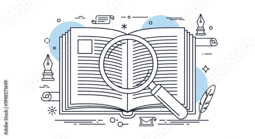 Open book being examined through a large magnifying glass with quills and ink pens nearby representing research, study, and investigation.