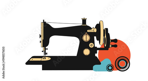 Vintage black sewing machine with gold accents and a spool of thread set against a modern background with orange and blue shapes.