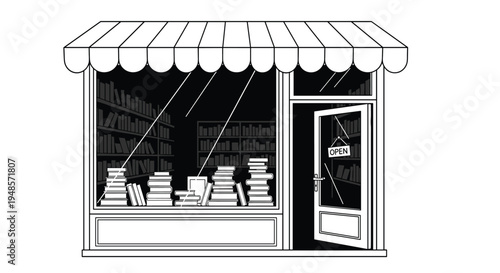 Charming small bookstore storefront at night with stacks of books visible in the window and an open sign hanging on the door.