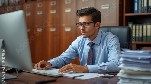 Focused bespectacled accountant working on computer in office with files and books