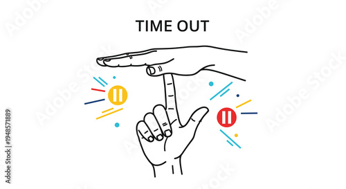 Pair of hands forming the letter T signal for a time out in sports with colorful pause icons and decorative graphic elements.