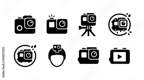 collection of action camera, 6 filled black minimal icon vector set , white background , PNG and SVG isolate