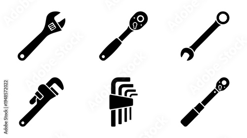 collection of wrench, 6 filled black minimal icon vector set , white background , PNG and SVG isolate