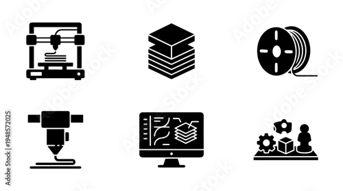 collection of 3d printing, 6 filled black minimal icon vector set , white background , PNG and SVG isolate