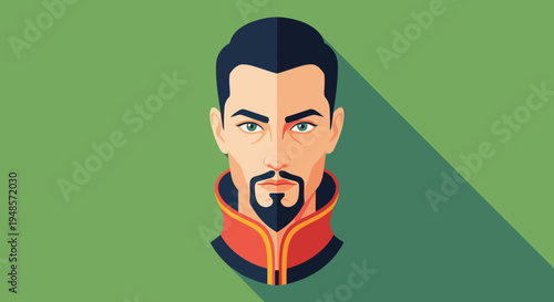 Stylish portrait of a handsome man with dark hair and a neat goatee wearing an elegant high-collared garment against a green background.