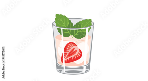 Refreshing strawberry cocktail or mojito served in a glass with ice cubes, a sliced strawberry, and fresh green mint leaf garnish.