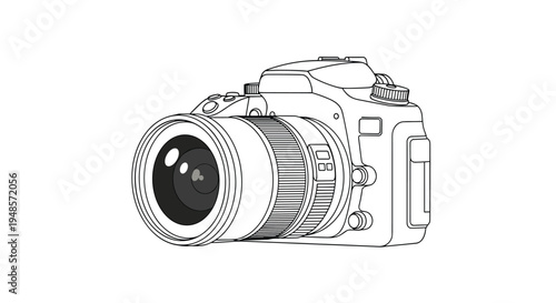 Modern high-performance DSLR camera with a large zoom lens and multiple control buttons illustrated in a detailed black and white line art.