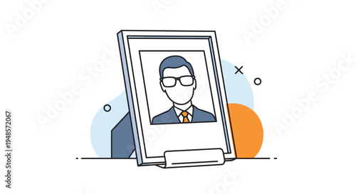 Desktop picture frame containing a minimalist portrait of a professional man wearing glasses, a suit, and a bright orange tie.