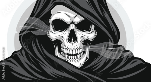 Menacing skull of the Grim Reaper wearing a dark hooded cloak with wisps of smoke billowing from its mouth and nasal cavities.