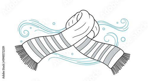 Cozy gray and white striped knitted winter scarf billowing in the cold blue wind with decorative swirls and snowflakes.
