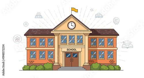 Traditional two-story red brick school building with a central clock tower, flag, and grand entrance surrounded by green bushes.