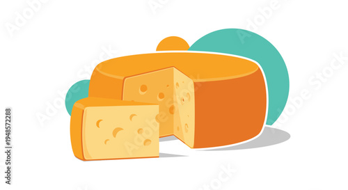 Big yellow wheel of swiss or cheddar cheese with a single wedge cut out and holes visible on the surface and interior.