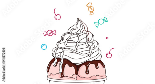 Delicious ice cream sundae in a bowl topped with chocolate syrup and surrounded by colorful candy and cherry icons.
