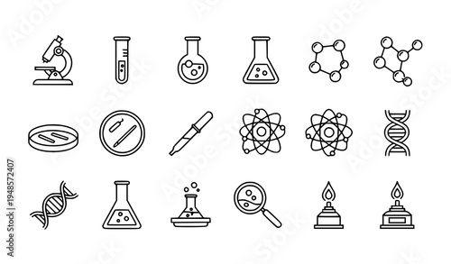 Laboratory science line icon set microscope beaker molecule vector symbols