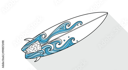 Modern surfboard design featuring blue ocean wave graphics and long shadow on clean white background for summer theme.