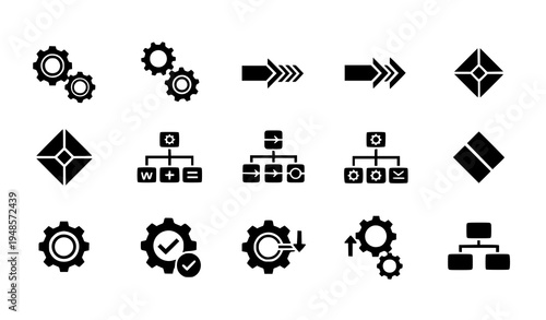 Business process automation icons gears and workflow flowchart vector set