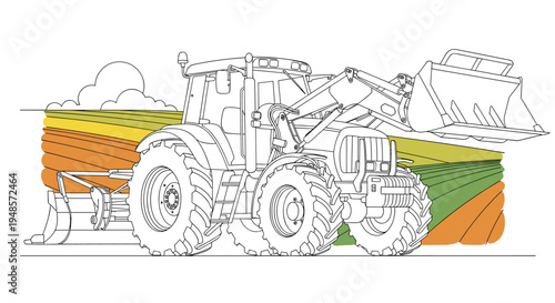 Agricultural tractor vehicle working in a field with tilled soil and clouds in a clean line art illustration style.