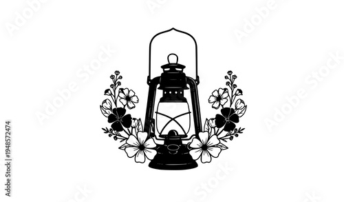 Classic vintage lantern with floral wreath black vector camping illustration