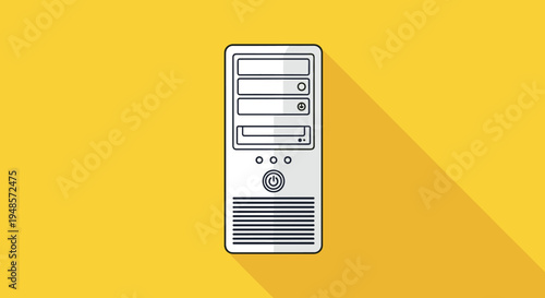 Silver computer tower or workstation casing shown from the front with long shadow on bright yellow background.