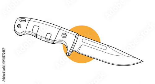 Sharp hunting knife with textured handle and steel blade presented over a simple orange circle on white background.