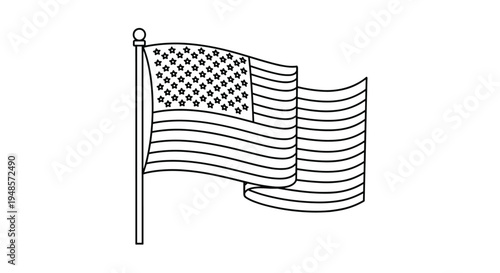 Hand drawn American flag waving on a pole in simple black and white line art style for patriotic themes or events.