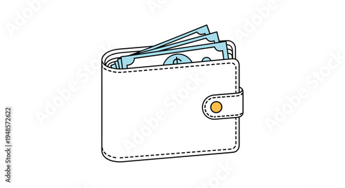 White leather wallet with a golden button closure containing several blue dollar banknotes inside for financial theme.