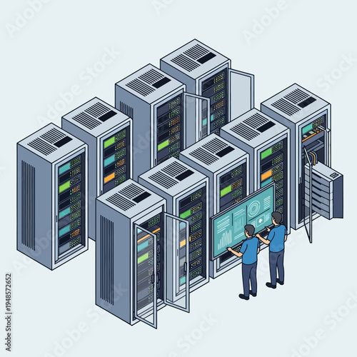 Isometric view of a data center with server racks and technicians monitoring the system.