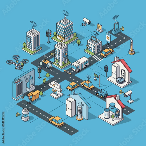 Isometric illustration of a smart city with connected buildings, vehicles, and infrastructure.