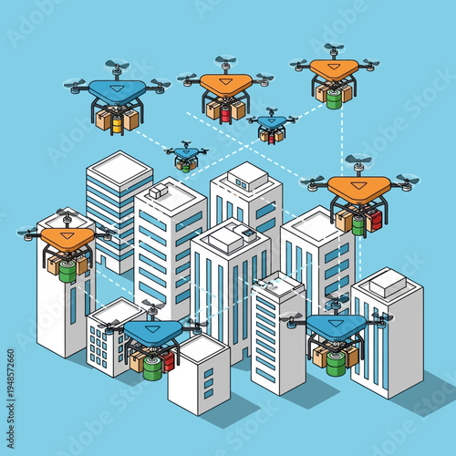 Illustration of delivery drones flying over buildings, showcasing modern urban logistics.