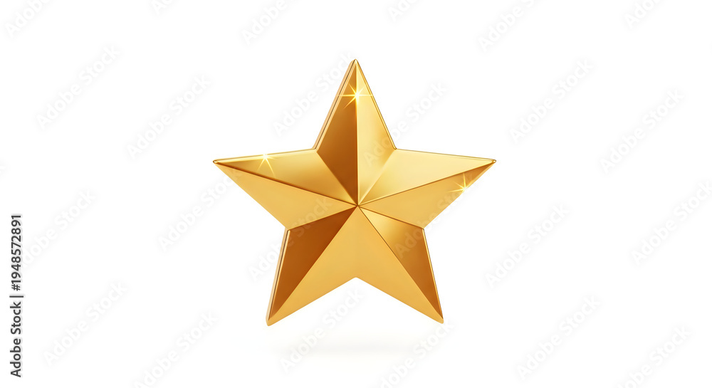 Fototapeta premium A shiny three dimensional golden star symbol is isolated against a clean white background for achievement concepts.